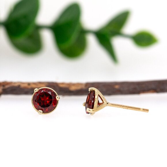 Red Garnet Studs Solid 14K Gold | 6mm Solitaire Studs | 4-8mm sizes available - Picture 7 of 10